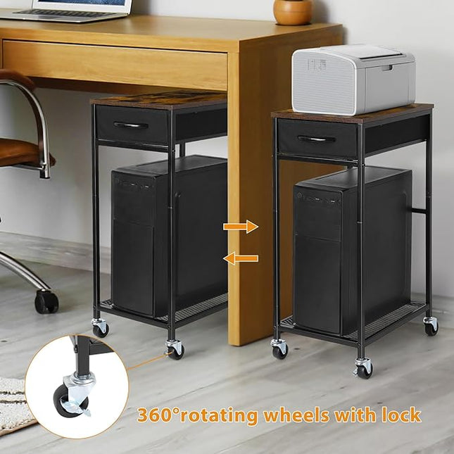 YBING Computer Tower Stand PC Tower Stand with Storage Drawer Mobile CPU Holder Stand with Caster Wheels 2 Tier Rolling Computer Tower Cart for Home Office Fax, Rustic Brown