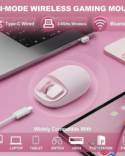 YUNZll C1 Silicone Wireless Mouse, Tri-Mode 2.4G/USB-C/Bluetooth Mouse, 4800 DPl Optical Tracking, 6 Adjustment Levels,Customize Mice for Laptop, Computer, iPad, MacBook (Pink)