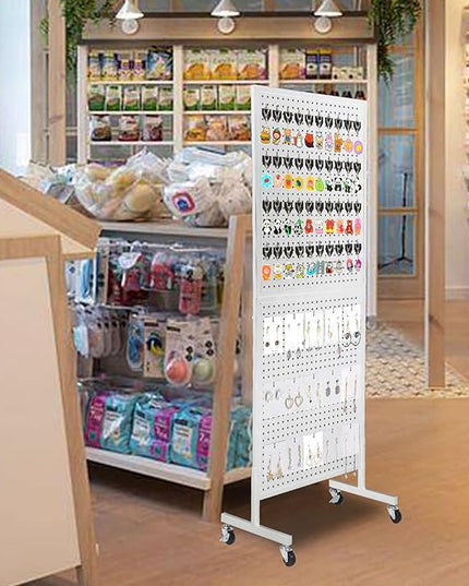 2'x 5' Standing Pegboard Display with T-Base, Pegboard Display Stand with Wheels, Metal Peg Board Display Rack, Art Display Stand, Extra 10 Pieces Hooks - White