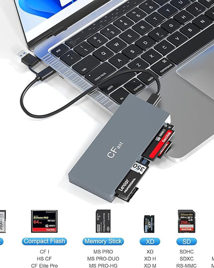 CFast Card Reader Memory Stick Pro Duo Adapter, USB C CFast 2.0 Card Reader for CFast/SD/TF/MS/XD/CF CompactFlash Card, XD Card Reader USB C USB 3.0 Connector Read 6 Cards Simultaneously