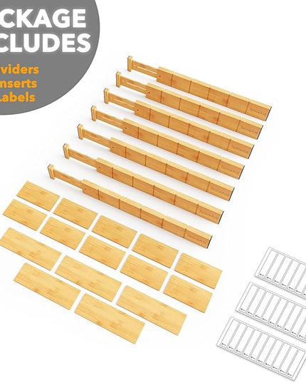 SpaceAid Bamboo Drawer Dividers with Inserts and Labels, Kitchen Adjustable Drawer Organizers, Expandable Organization for Home, Office, Dressers, 7 Dividers with 15 Inserts (17"-22" Natural)
