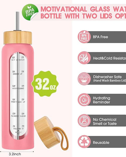 32 oz Glass Water Bottle with Straw - Motivational Time Marker & Silicone Sleeve - Reusable Tumbler Includes 2 Bamboo Lids & Fruit Infuser - 1 Pack