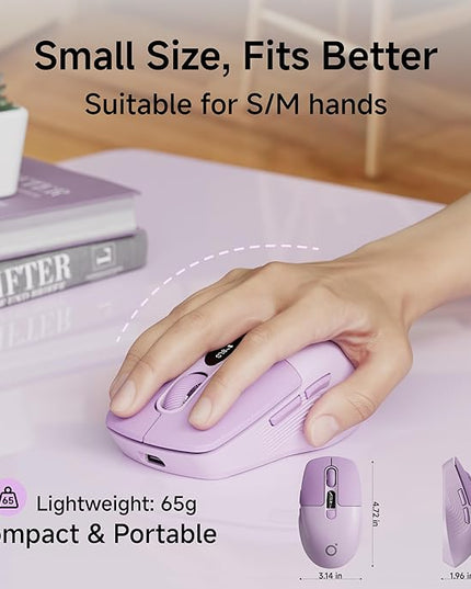 EWEADN Q1 Wireless Mouse, BT & 2.4G Silent Mouse Quiet Click with 1600 DPI Levels, Battery & DPI LED Screen Display, 6 Button Small Portable Bluetooth Mouse for Laptop/PC/Mac-Purple