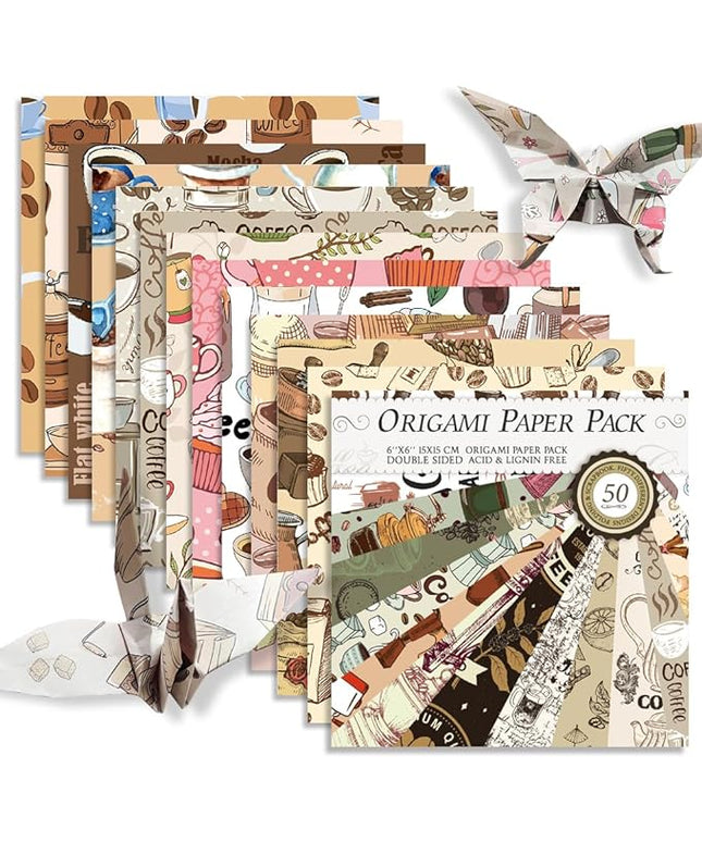Square Origami Paper 6x6 Double Sided 50 Sheets 50 Colors 70GSM Origami Kit Japanese Chiyo Easy Fold Arts Crafts DIY Handwork Coffee