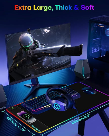2-in-1 RGB Gaming Mouse Pad with Wireless Charging, 31.5"x15.8" Large, 24 Light Effects, Non-Slip Base, Waterproof Ultra-Smooth Surface, No Adapter