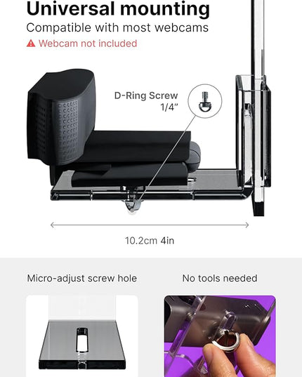 PlexiCam Pro V2 | Center Screen/Middle Screen Webcam Mount | Position Any Webcam (Not Included) Anywhere/Any Screen (Laptops-32) | Tripod gooseneck teleprompter Alternative for Eye Contact Audience