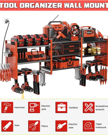 Heavy-Duty 48" Wall Mount Power Tool Organizer with Charging Station – 3-Tier Garage Organization Rack for Drills, Wrenches & Tools – Includes 16 Hooks & Pegboard Sides