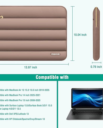 MOSISO 13.3 inch Laptop Case, 13-13.3 inch Puffy Laptop Sleeve Compatible with MacBook Air 13 13.6 M4 M3 M2 M1/Pro 13/Pro 14, HP Dell ASUS Lenovo,Polyester Horizontal Bag with Small Case, Brown