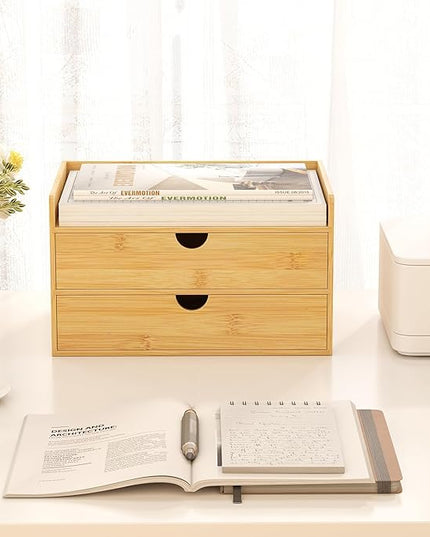 Bamboo Desk Organizer with Drawers Desktop Storage Drawers for Bills Office Supplies Kitchen Utensils Organizing Tool for Home Classroom Organization No Assembly (Nature 2 Drawer)