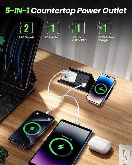 Conference Table Power Hub 15W Wireless Charger and PD20W Type-C Fast Charging, Pop up Outlet Desktop Connection Box with 2AC Outlets and USB Ports for Kitchen Countertop Conference Room, Black
