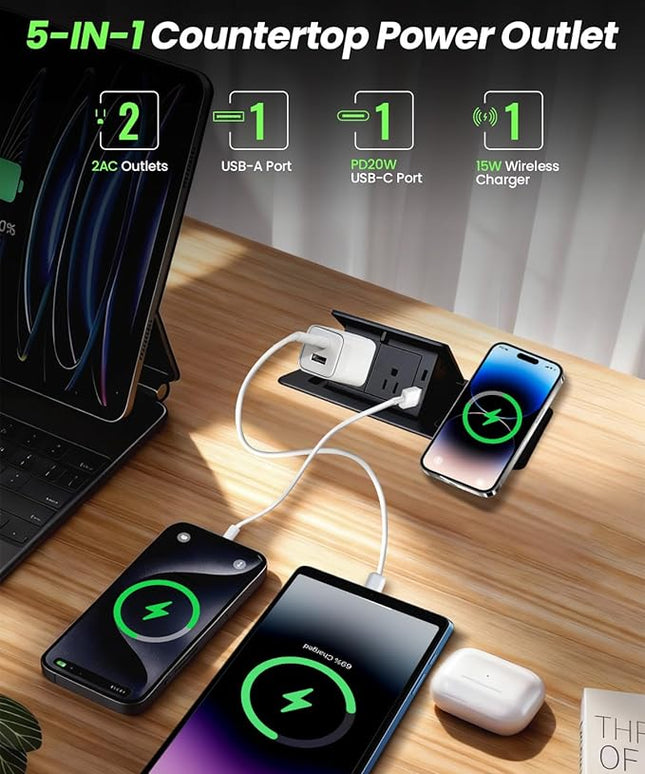 Conference Table Power Hub 15W Wireless Charger and PD20W Type-C Fast Charging, Pop up Outlet Desktop Connection Box with 2AC Outlets and USB Ports for Kitchen Countertop Conference Room, Black