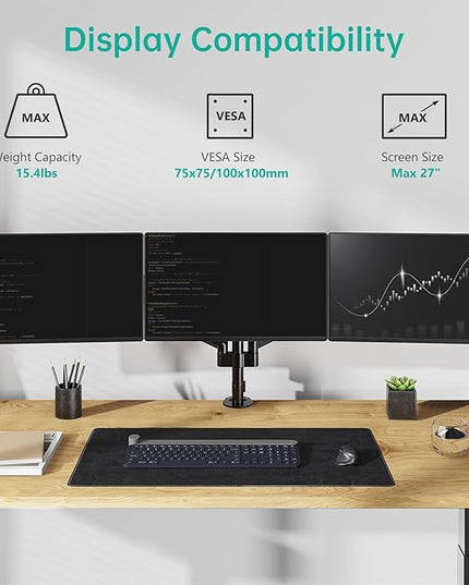 WALI Triple Monitor Mount for 13-27 inch Screens, Adjustable 3 Monitors Desk Mount with Swivel, Tilt, Clamp & Grommet Kit, Gas Spring Arm Triple Monitor Stand, VESA 75x75/100x100mm (GSDM003), Black