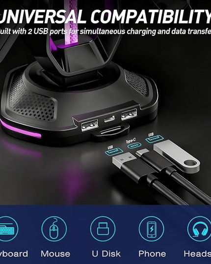 RGB Headset Stand with 9 Light Modes and 2 USB Charging Ports - Controller Holder for Desk - Headphone Stand & Detachable Controller Hook for PC Earphone Gaming Room Setup Accessories
