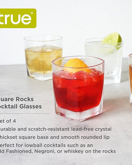 TRUE Square Rocks Glass, Old Fashioned Whiskey Glasses, Superb Drinking Cups for Cocktail Party, Home Bar, Bartender Accessories, Set of 4, 10 oz
