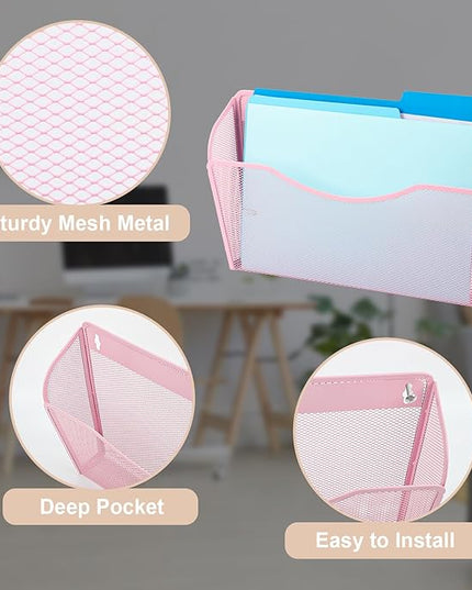 EASEPRES 3 Single Pocket Mesh Hanging File Organizer, Vertical Wall Mounted Magazine File Holder, Mount Basket Mail Paper Document Folder Organizing for Office, Home and School, Pink