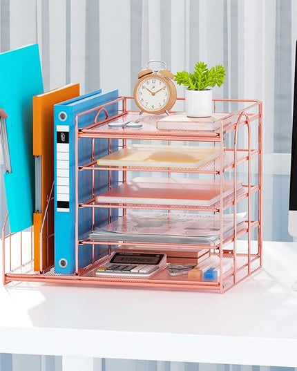 Marbrasse Desk Organizer with File Holder, 5-Tier Paper Letter Tray, Mesh Desk Accessories, Magazine Holder, Desktop Organizer and Storage for Office Supplies, Rose Gold