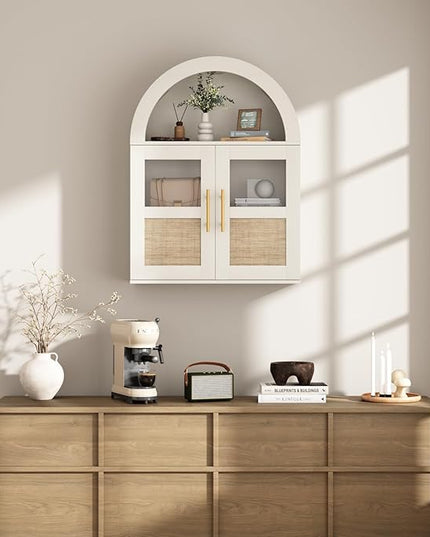 RUSTOWN Arched Bathroom Wall Cabinet, Rattan Medicine Cabinet with 2 Glass Doors, Farmhouse Over The Toilet Storage Cabinets with Adjustable Shelves, 3-Tier Wall Mounted Cabinets