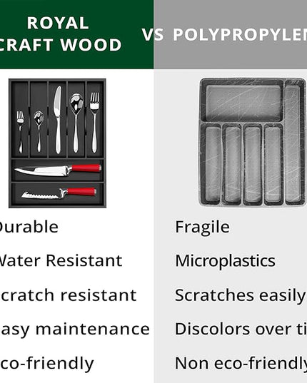 ROYAL CRAFT WOOD Luxury Bamboo Kitchen Drawer Organizer - Silverware Organizer - Utensil Holder and Cutlery Tray with Grooved Drawer Dividers for Flatware and Kitchen Utensils (7 Slot, Black)