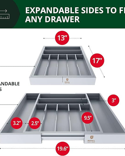 ROYAL CRAFT WOOD Luxury Bamboo Kitchen Drawer Organizer - Silverware Organizer - Utensil Holder and Cutlery Tray with Grooved Drawer Dividers for Flatware and Kitchen Utensils (9 Slot, Gray)