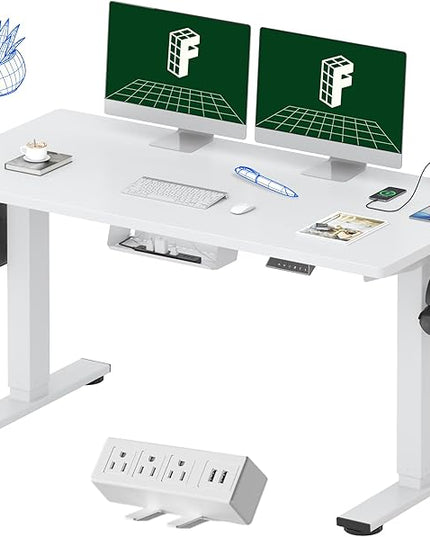FLEXISPOT EN2 Whole-Piece Standing Desk with Clamp Power Strip, 55 x 28 Electric Stand Up Height Adjustable Desk with Cable Management (White Frame + 55" White Top,2 Packages)