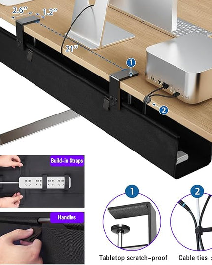 Under Desk Cable Management Tray 36" - No Drill Computer Wire Organizer Cable Tray, Fabric Cord Hider Clamp Mount, Premium Fabric Cable Management Tray for Office, Home (Black/1set)