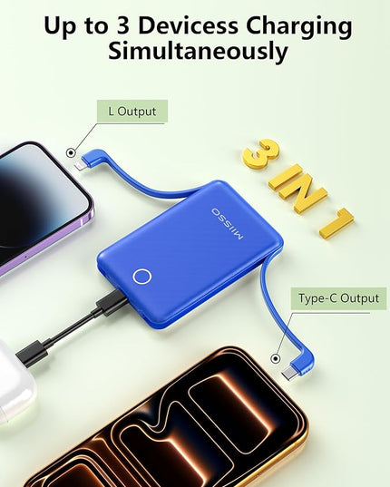 miisso 10000mAh Mini Portable Charger with Built in Cable, Pocket Size Power Bank Travel External Battery Pack for Phone, 3 Output USB Type C Cord Clutch Compatible with iPhone, Samsung, Deepblue
