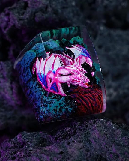 Pink Dragon with Volcano Cool Artisan Keycap R1 SA Profile Custom Fantasy Dragon Keycaps 1U ESC Handmade Gaming Resin Key Cap Cherry MX Switch Compatible Mechanical Keyboard Dragon Lover Gift