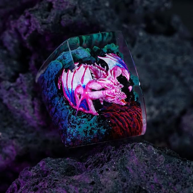 Pink Dragon with Volcano Cool Artisan Keycap R1 SA Profile Custom Fantasy Dragon Keycaps 1U ESC Handmade Gaming Resin Key Cap Cherry MX Switch Compatible Mechanical Keyboard Dragon Lover Gift