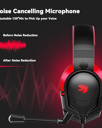 A88 Gaming Headset with Microphone for Pc, Xbox One Series X/s, Ps4, Ps5, Switch, Stereo Wired Noise Cancelling Over-Ear Headphones with Mic, for Computer, Laptop, Mac, Nintendo (Black Red)