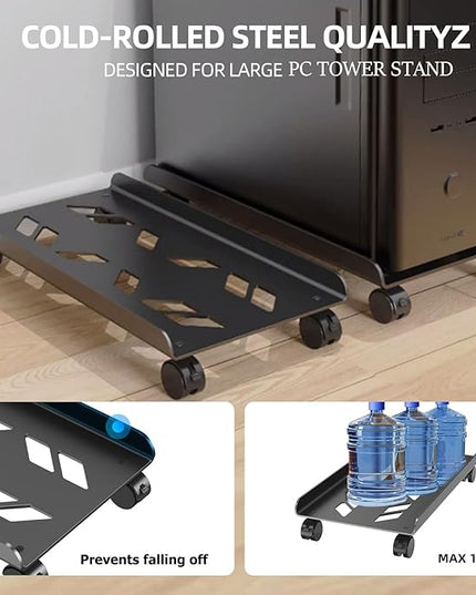 Computer Tower Stand, Ventilated Mobile CPU Stand Fits Most PC Tower, Steel Desktop CPU Holder with Rolling Caster Wheels, PC Floor Cart Riser for Gaming Office Desk Accessories