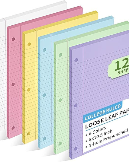 6 Color Loose Leaf Paper College Ruled, 120 Sheets 8" X 10.5" Colored Notebook Paper, 3-Hole Punched 70 Gsm Lined Paper For 3-Ring Binders, Loose Leaf Office Paper