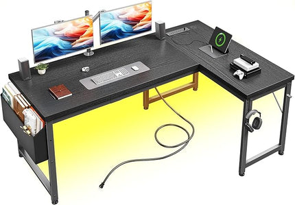 Gaming Desk with Power Outlets & Storage Bag and LED Lights, L Shaped Desk with 0.95 Inch Thicker Desktop, Reversible Computer Desk for Home Office, Study Room, Living,Bedroom, Black