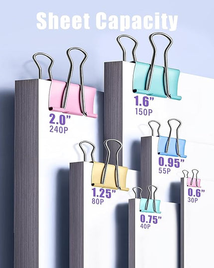 Binder Clips & Paper Clips Combo, 208 PCS Binder Clips (6 Sizes) + 150 PCS Paper Clips – Multicolor for Office, Home & School Supplie (Polychrome)