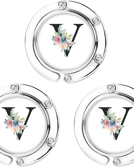 Iqimott 3pcs Personalized Initial Foldable Purse Hook for Table, Flower Letter Folding Handbag Hanger Portable Magnet Table Hook Holder, Collection Desk Purse Hooks for Women Bag (Black-V)