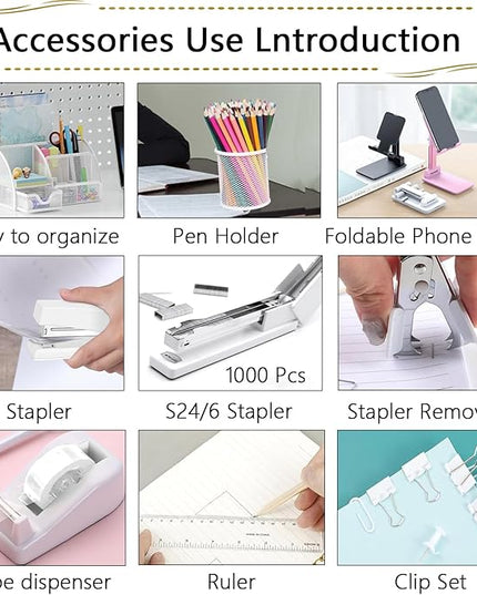 Office Supplies,Desk Accessories,Stapler and Tape Dispenser Set,1000 Staples,Staple Remover,Pen Holder,Folding Phone Holder,Journal Notebook,Ballpoint Pen,Scissor,Ruler,Clear Tape,Sticky Notes,Ect