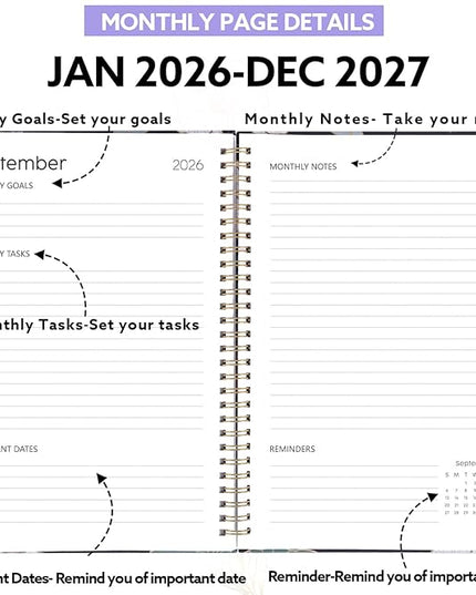 2026-2027 Monthly Planner, 24 Months Calendar Planner January 2026 - December 2027 Monthly Calendar with Elastic Band, Inner Pocket for Home School Office Supplies, Blue Flower