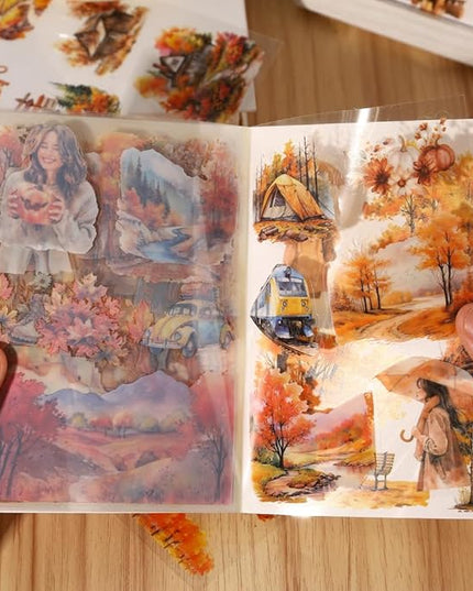 Dwpetzo Fall Landscape Pre-Cut Autumn Journal Sticker Book, Transparent PET Watercolor Scrapbook Stickers for Junk Journaling Supplies, Scrapbooking, Collage, Bujo, 20 Sheets