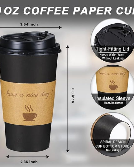Lamosi 20 oz Disposable Coffee Cups with Lids 50 Pack, Hot Paper To Go Cups with Lids, Stir Sticks and Sleeves, for Home, Travel, Office