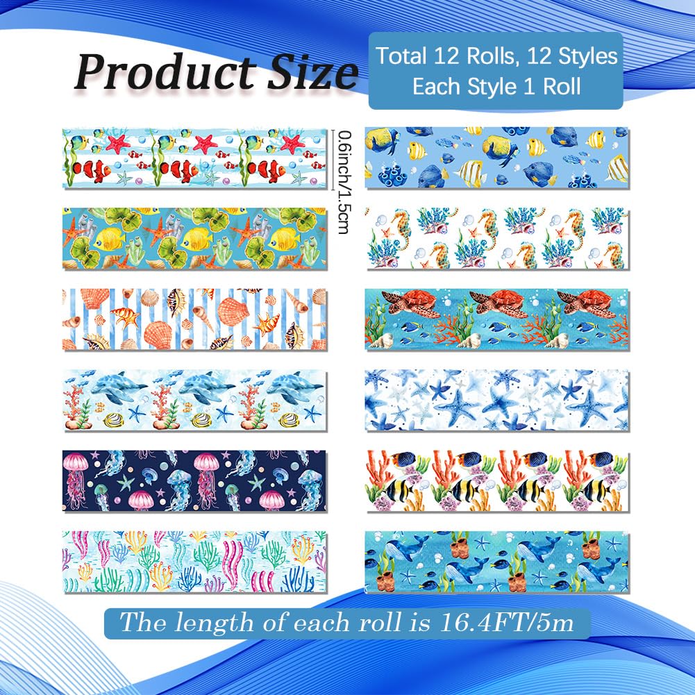 CRASPIRE 12 Rolls Decorative Masking Tape Sea Animal Tapes Ocean Creature Turtle Starfish Coral Fish Jellyfish Underwater World Marine Life Tapes for Journaling Scrapbooking Gift Wrapping Art Crafts
