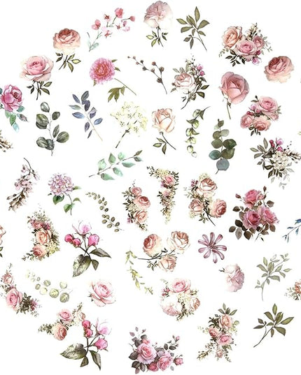 Obujopal 100 Pcs Pink Flower Stickers for Scrapbooking Junk Journal Notebook Diary Planner Letter Card Making Collage Envelope Water Bottle Phone Case Craft Decoration (Pink)