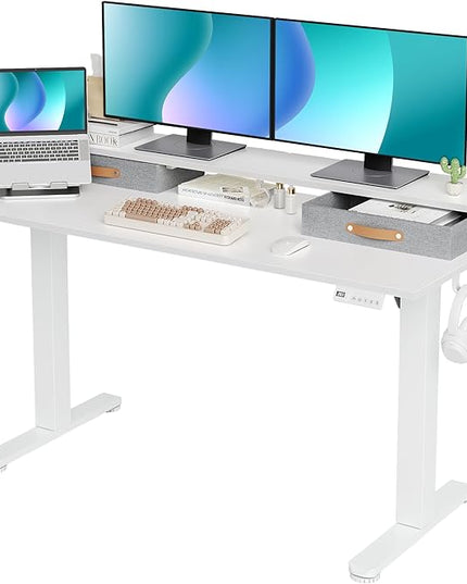 Claiks Electric Standing Desk with 2 Drawers, Adjustable Standing Desks with Storage, Height Adjustable Stand up Desk for Home Office with 2 Hooks,55 Inch White