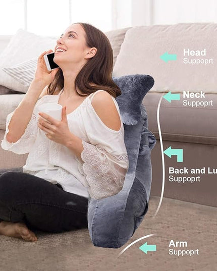 SLIGUY Reading Pillow for Sitting in Bed Couch Adult, Back Pillow with arm Support and Pockets, Adult Back Pillow Bed Chair for Bed Rest, Reading, Watching TV, Gaming for Boys and Girls Dark Grey
