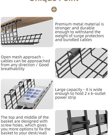2 Pack DELAMU Under Desk Cable Management Tray, Large Metal Cord Organizer, Office & Home Cord Wire Management Under Desk Shelf, Easy Install Pre-drilled Cable Organizer, Black