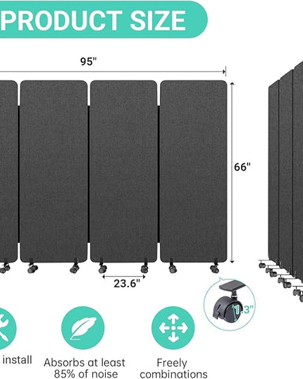 Soundproof Room Divider W/Wheels, 66in Office Dividers for Sound Proofing & Reducing, Sound Proof Dividers for Office Partitions Portable Acoustic Wall Divider (Dark Grey, 4 Panel-95''Wide)