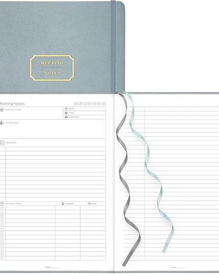 EMSHOI Meeting Notebook for Work with Action Items - 240 Pages A4 Large Project Planner Agenda Organizer Work Notebook for Women Men Office Business, PU Leather Hardcover, 8.5" x 11", Gray Blue