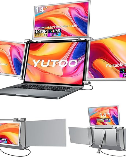 YUTOO 4 Screen Laptop Monitor Extender | One USB-C Cable for M1 M2 M3 | 14" 1080P FHD IPS 4 Screen Monitor for Laptops 13.6~17.3 inch | Quad Screen Extender Display for MacBook/Windows/Switch/PS5