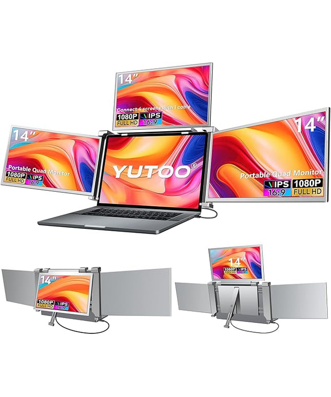 YUTOO 4 Screen Laptop Monitor Extender | One USB-C Cable for M1 M2 M3 | 14" 1080P FHD IPS 4 Screen Monitor for Laptops 13.6~17.3 inch | Quad Screen Extender Display for MacBook/Windows/Switch/PS5