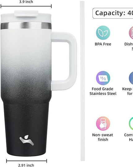 40 oz Tumbler with Handle and 2 Straws,2 in 1 Lid Insulated Water Bottle Stainless Steel Travel Coffee Mug,Day Night