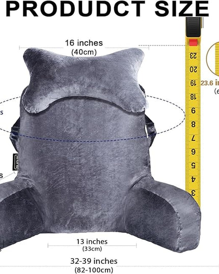 SLIGUY Reading Pillow for Sitting in Bed Couch Adult, Back Pillow with arm Support and Pockets, Adult Back Pillow Bed Chair for Bed Rest, Reading, Watching TV, Gaming for Boys and Girls Dark Grey
