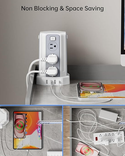 Power Strip Surge Protector, 10 Ft Extension Cord with 12 AC Multiple Outlets 4 USB (1 USB C), SMALLRT Power Tower Desktop Charging Station (White, 10 FT PD20W)